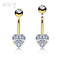 Wholesale pack of 3 Gold PVD titanium internally threaded belly bananas, Thickness 1.6mm, with a lower 8 mm prong set heart CZ stone and a upper 5 mm titanium bezel set jewel ball - G23 ASTM F-136 implant grade titanium body jewelry