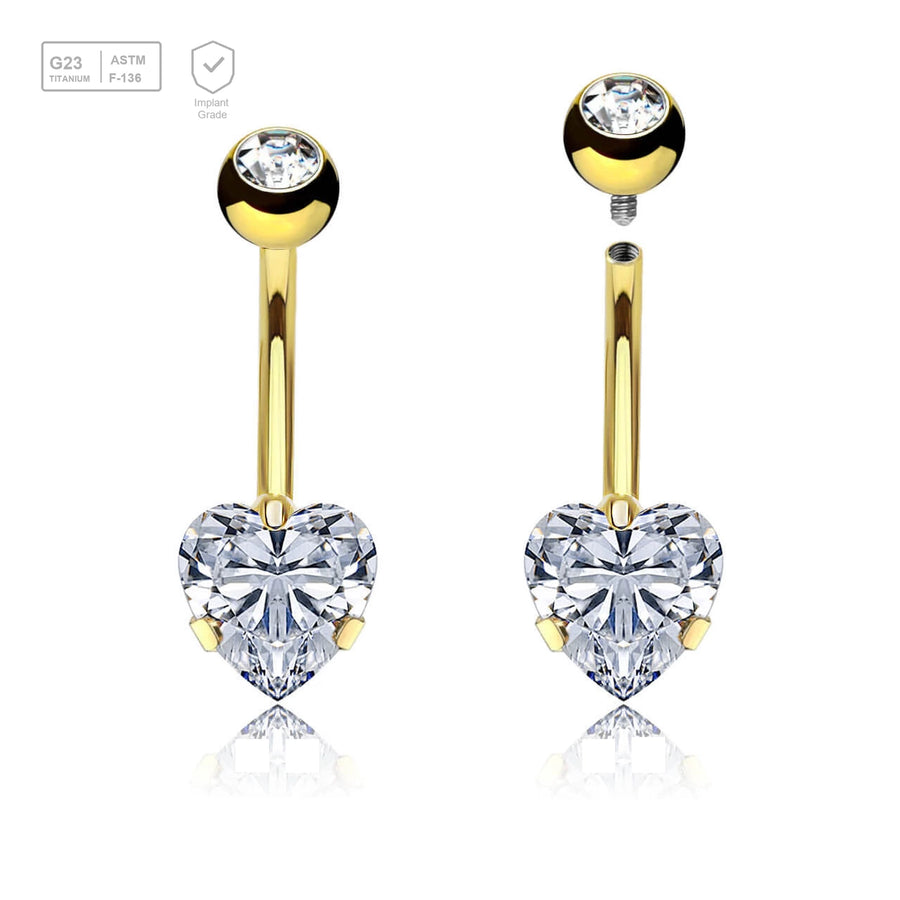 Wholesale pack of 3 Gold PVD titanium internally threaded belly bananas, Thickness 1.6mm, with a lower 8 mm prong set heart CZ stone and a upper 5 mm titanium bezel set jewel ball - G23 ASTM F-136 implant grade titanium body jewelry
