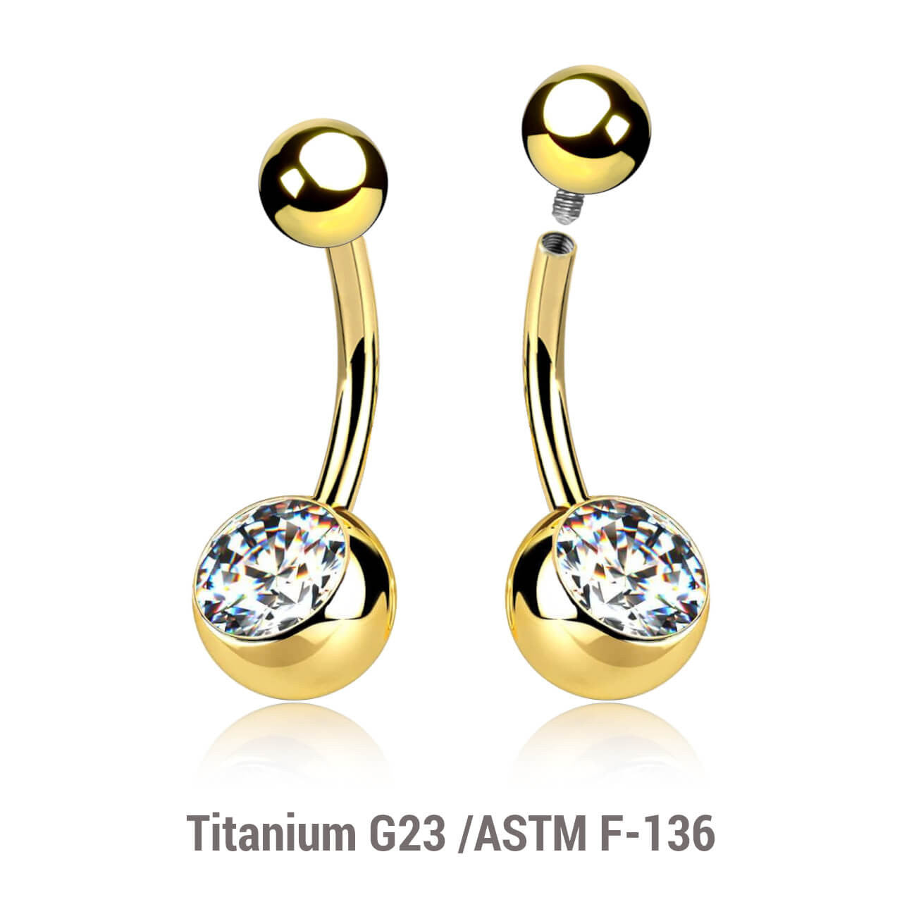 Wholesale Pack of 5 Gold PVD plated Titanium G23 internally threaded belly bananas, Thickness 1.6mm, with plain titanium 5mm top ball and lower 8 mm bezel set crystal ball