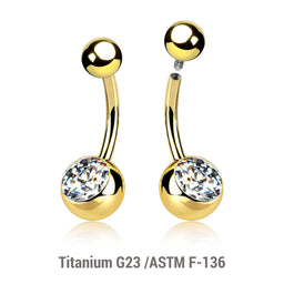Wholesale Pack of 5 Gold PVD plated Titanium G23 internally threaded belly bananas, Thickness 1.6mm, with plain titanium 5mm top ball and lower 8 mm bezel set crystal ball