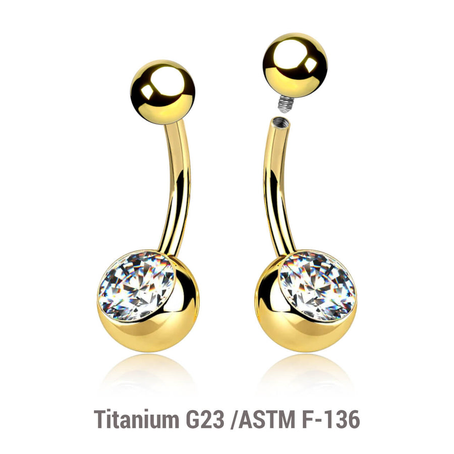 Wholesale Pack of 5 Gold PVD plated Titanium G23 internally threaded belly bananas, Thickness 1.6mm, with plain titanium 5mm top ball and lower 8 mm bezel set crystal ball
