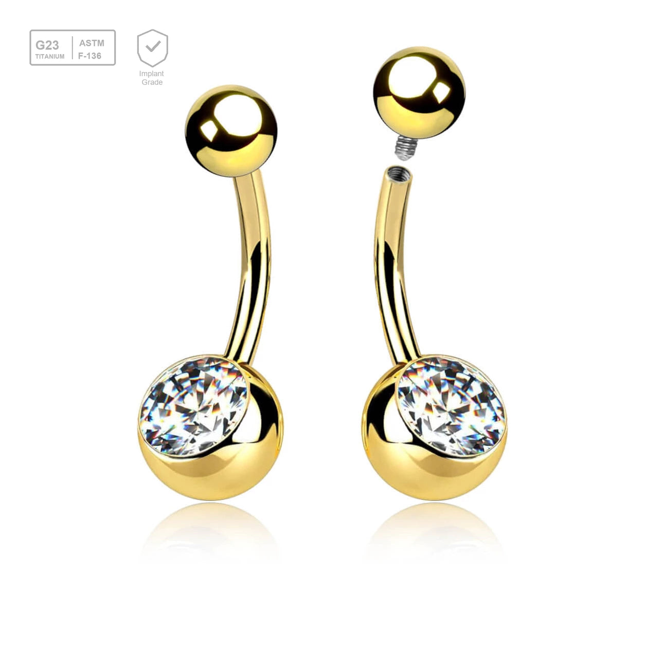 Wholesale Pack of 5 Gold PVD plated Titanium G23 internally threaded belly bananas, Thickness 1.6mm, with plain titanium 5mm top ball and lower 8 mm bezel set crystal ball - G23 ASTM F-136 implant grade titanium body jewelry