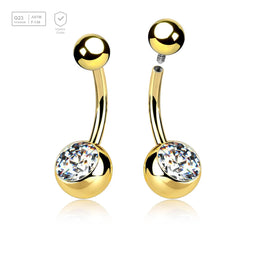 Wholesale Pack of 5 Gold PVD plated Titanium G23 internally threaded belly bananas, Thickness 1.6mm, with plain titanium 5mm top ball and lower 8 mm bezel set crystal ball - G23 ASTM F-136 implant grade titanium body jewelry