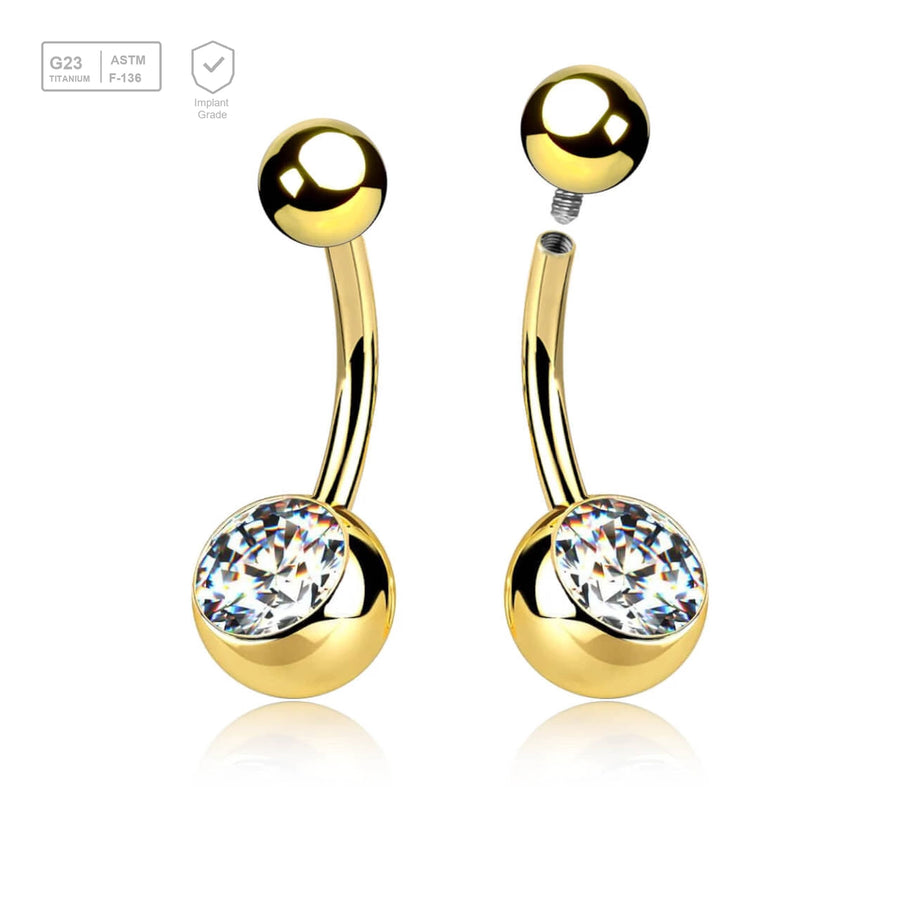 Wholesale Pack of 5 Gold PVD plated Titanium G23 internally threaded belly bananas, Thickness 1.6mm, with plain titanium 5mm top ball and lower 8 mm bezel set crystal ball - G23 ASTM F-136 implant grade titanium body jewelry