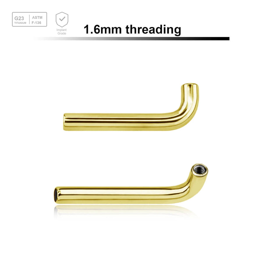 Pack of 5 gold PVD plated titanium internally threaded Christina barbell post in L shape w a 2.5mm rise, thickness 1.6mm - G23 ASTM F-136 implant grade titanium body jewelry