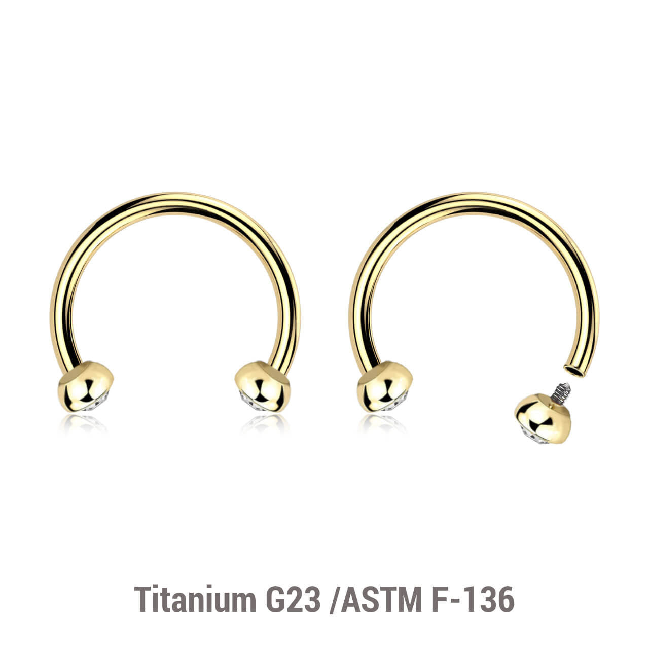 Pack of 5 PVD plated titanium internally threaded circular barbells, Thickness 1.2mm, with two half balls with a bezel set crystals