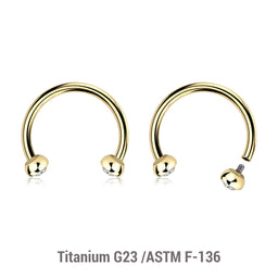 Pack of 5 PVD plated titanium internally threaded circular barbells, Thickness 1.2mm, with two half balls with a bezel set crystals