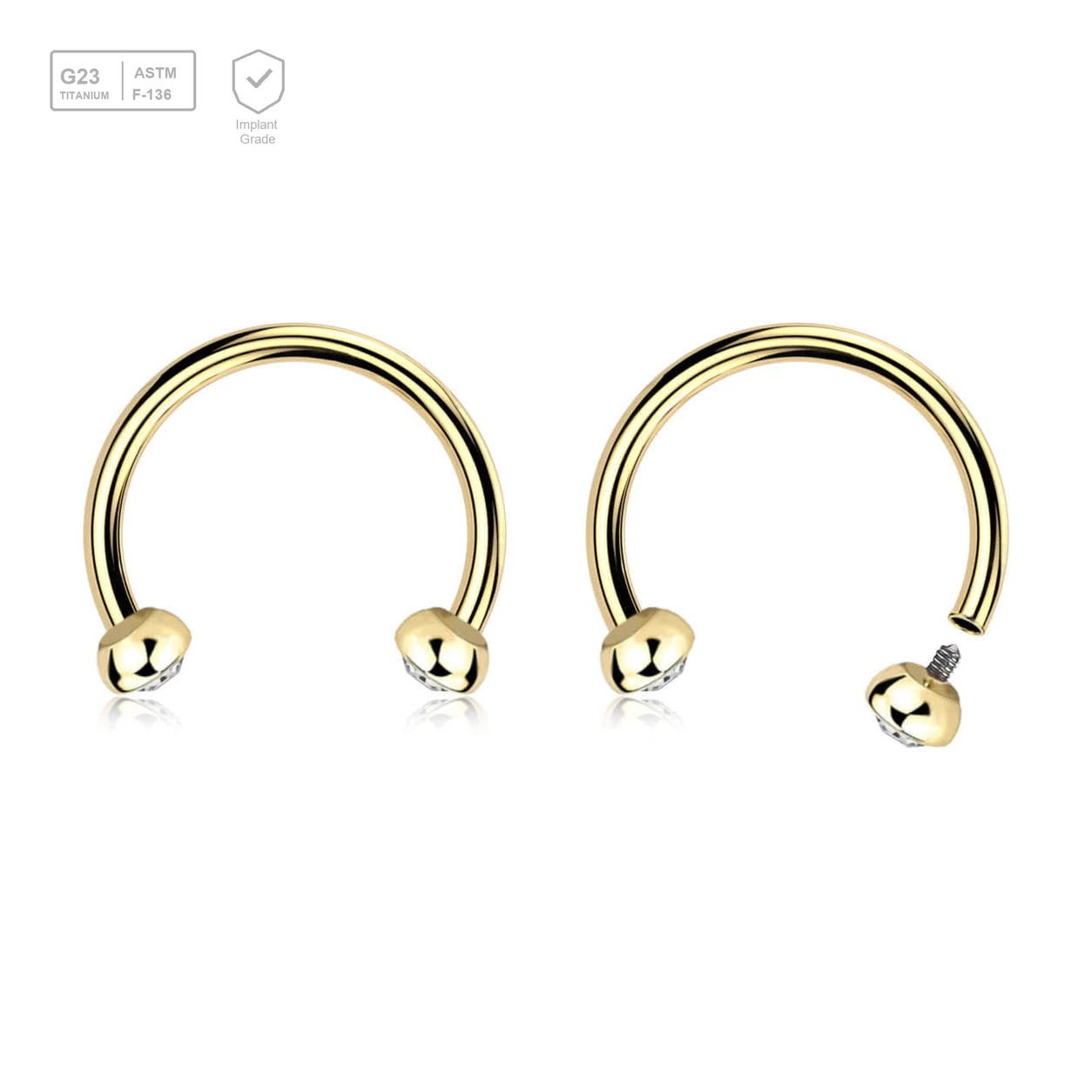 Pack of 5 PVD plated titanium internally threaded circular barbells, Thickness 1.2mm, with two half balls with a bezel set crystals - G23 ASTM F-136 implant grade titanium body jewelry