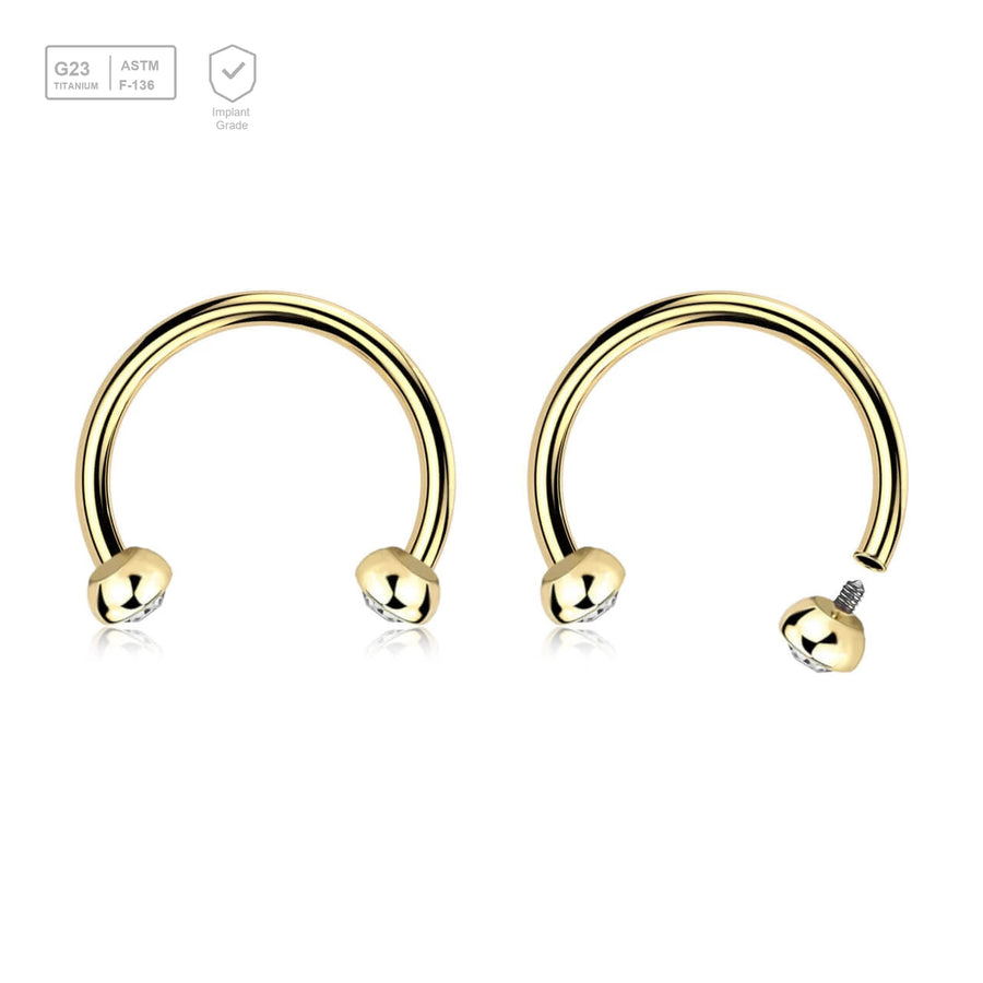 Pack of 5 PVD plated titanium internally threaded circular barbells, Thickness 1.2mm, with two half balls with a bezel set crystals - G23 ASTM F-136 implant grade titanium body jewelry