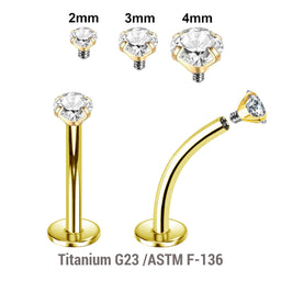 Pack of 5 Gold PVD plated titanium internally threaded curved labrets, Thickness 1.2mm, with prong set CZ stones