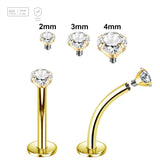 Pack of 5 Gold PVD plated titanium internally threaded curved labrets, Thickness 1.2mm, with prong set CZ stones - G23 ASTM F-136 implant grade titanium body jewelry