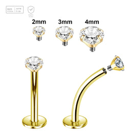 Pack of 5 Gold PVD plated titanium internally threaded curved labrets, Thickness 1.2mm, with prong set CZ stones - G23 ASTM F-136 implant grade titanium body jewelry