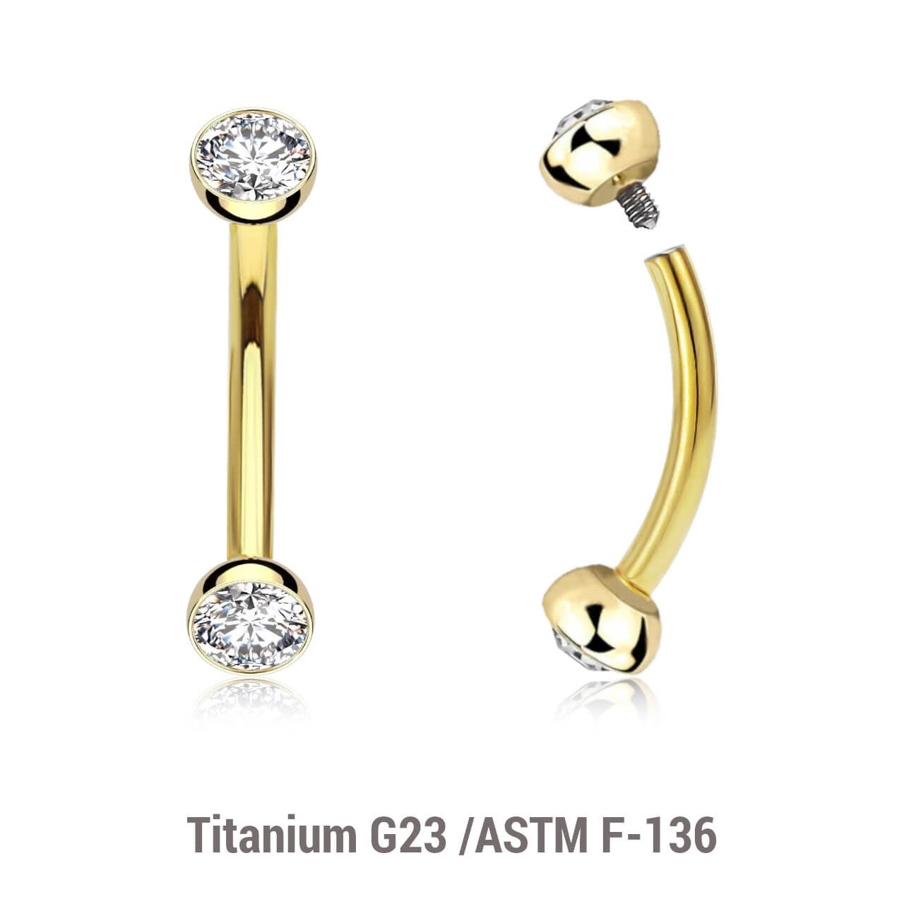 Pack of 5 Gold PVD plated titanium internally threaded eyebrow bananas, Thickness 1.2mm, with two half balls with a bezel set crystals