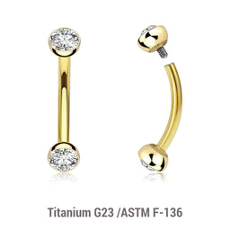 Pack of 5 Gold PVD plated titanium internally threaded eyebrow bananas, Thickness 1.2mm, with two half balls with a bezel set crystals