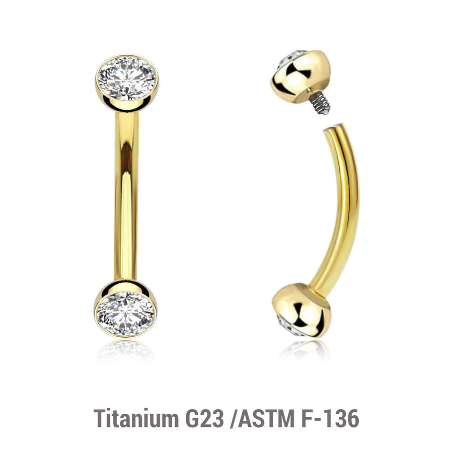 Pack of 5 Gold PVD plated titanium internally threaded eyebrow bananas, Thickness 1.2mm, with two half balls with a bezel set crystals