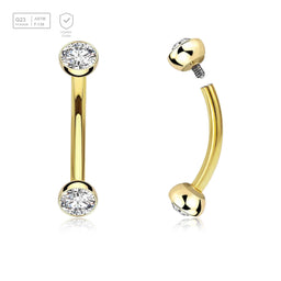 Pack of 5 Gold PVD plated titanium internally threaded eyebrow bananas, Thickness 1.2mm, with two half balls with a bezel set crystals - G23 ASTM F-136 implant grade titanium body jewelry