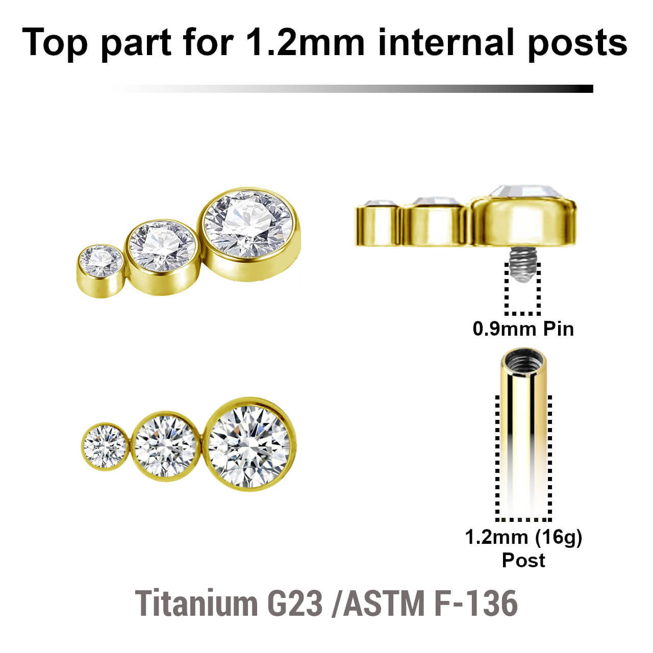 Pack of 5 gold PVD plated titanium Internally threaded labret top with 3 small round disks with bezel set crystals
