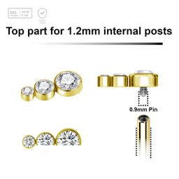 Pack of 5 gold PVD plated titanium Internally threaded labret top with 3 small round disks with bezel set crystals - G23 ASTM F-136 implant grade titanium body jewelry