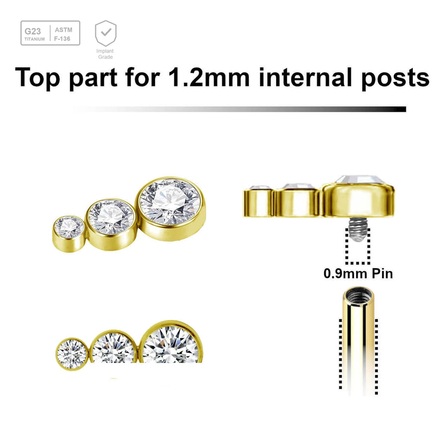 Pack of 5 gold PVD plated titanium Internally threaded labret top with 3 small round disks with bezel set crystals - G23 ASTM F-136 implant grade titanium body jewelry