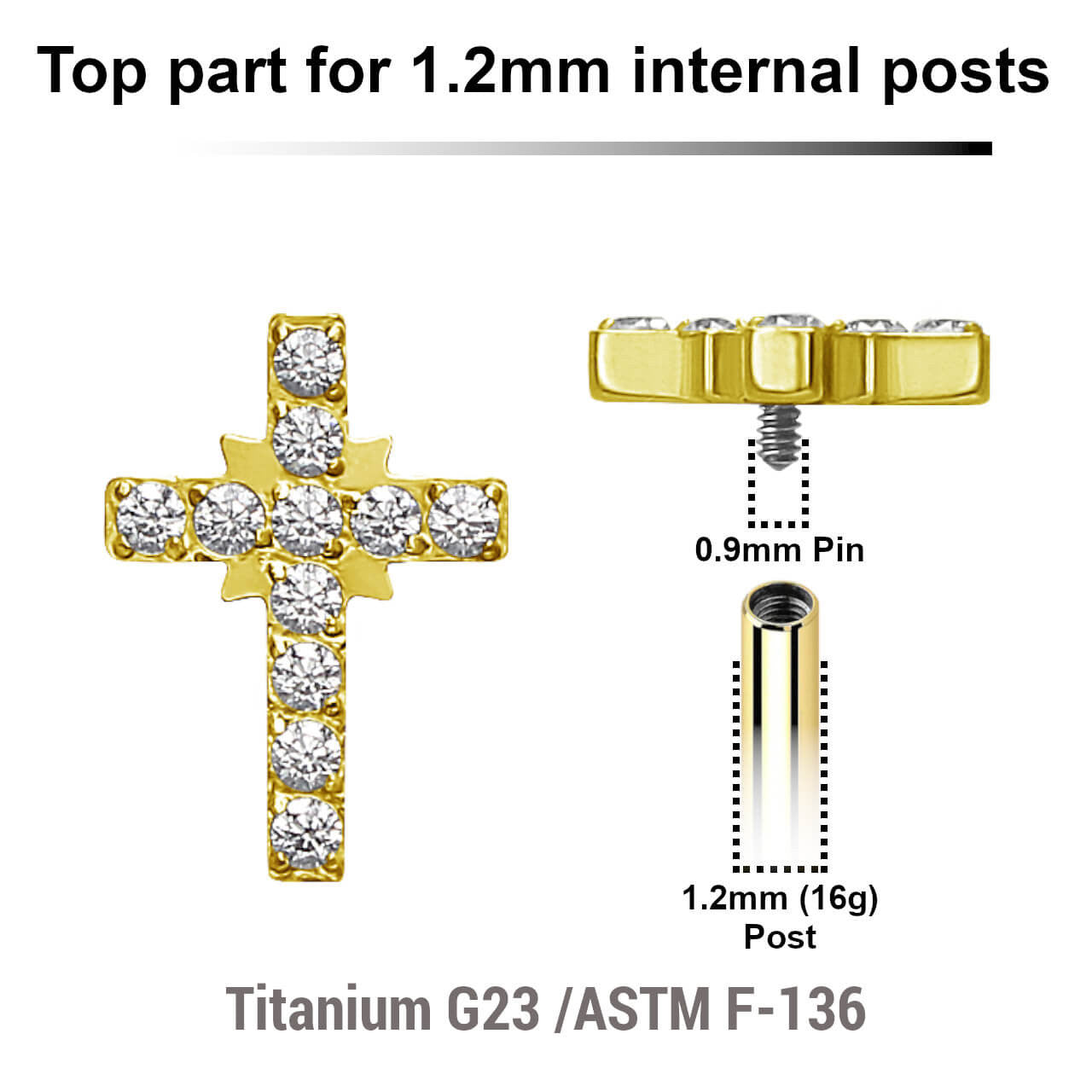 Pack of 5 Gold PVD plated Titanium G23 Internally threaded labret top in cross shape with prong sets CZ stones, Thread size 0.9mm