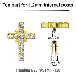 Pack of 5 Gold PVD plated Titanium G23 Internally threaded labret top in cross shape with prong sets CZ stones, Thread size 0.9mm