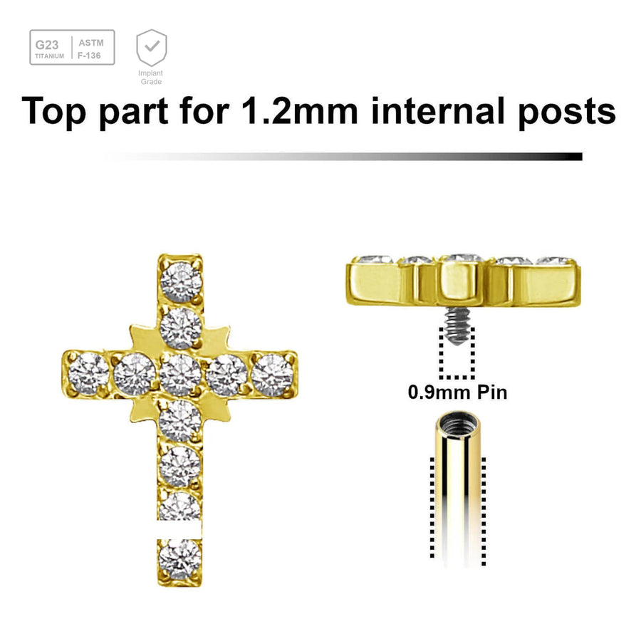 Pack of 5 Gold PVD plated Titanium G23 Internally threaded labret top in cross shape with prong sets CZ stones, Thread size 0.9mm - G23 ASTM F-136 implant grade titanium body jewelry