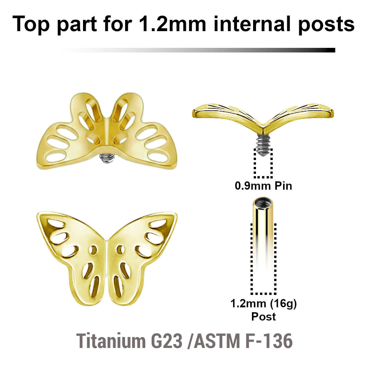 Pack of 5 gold PVD plated titanium Internally threaded labret top with a filigree butterfly