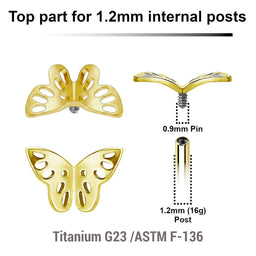 Pack of 5 gold PVD plated titanium Internally threaded labret top with a filigree butterfly