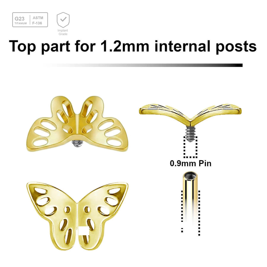 Pack of 5 gold PVD plated titanium Internally threaded labret top with a filigree butterfly - G23 ASTM F-136 implant grade titanium body jewelry