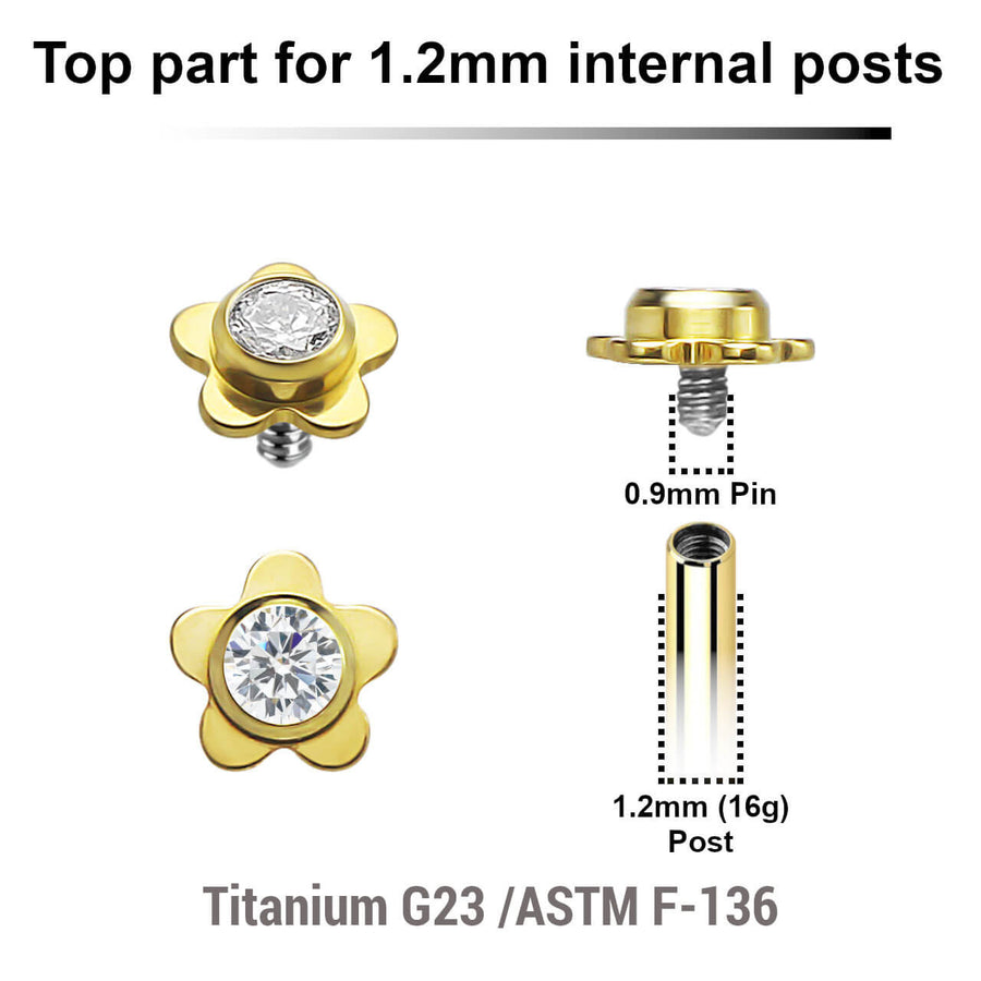 Pack of 5 gold PVD plated titanium Internally threaded labret tops in a flat flower shape with a single bezel set central crystal