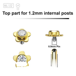 Pack of 5 gold PVD plated titanium Internally threaded labret tops in a flat flower shape with a single bezel set central crystal - G23 ASTM F-136 implant grade titanium body jewelry