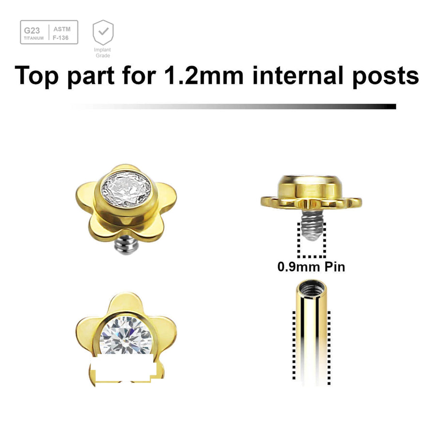 Pack of 5 gold PVD plated titanium Internally threaded labret tops in a flat flower shape with a single bezel set central crystal - G23 ASTM F-136 implant grade titanium body jewelry