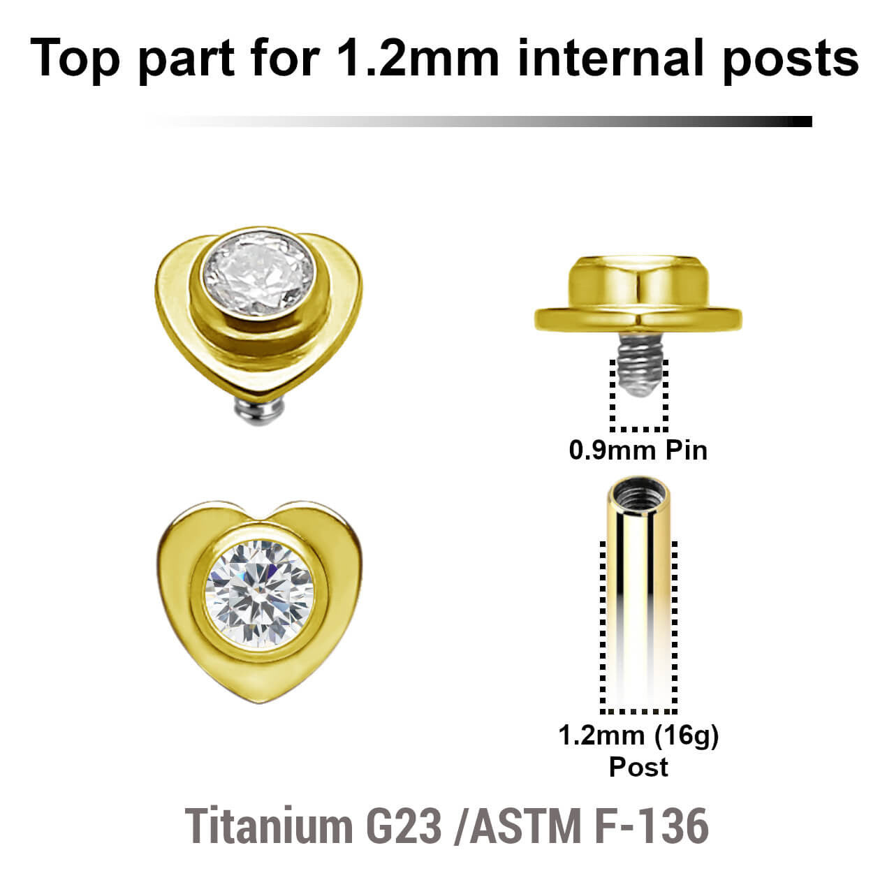 Pack of 5 gold PVD plated titanium Internally threaded labret tops in a flat heart shape with a single bezel set central crystal