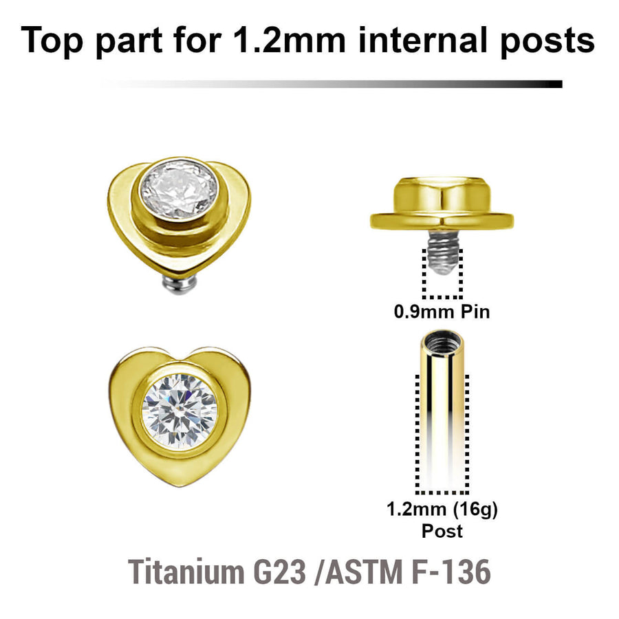 Pack of 5 gold PVD plated titanium Internally threaded labret tops in a flat heart shape with a single bezel set central crystal