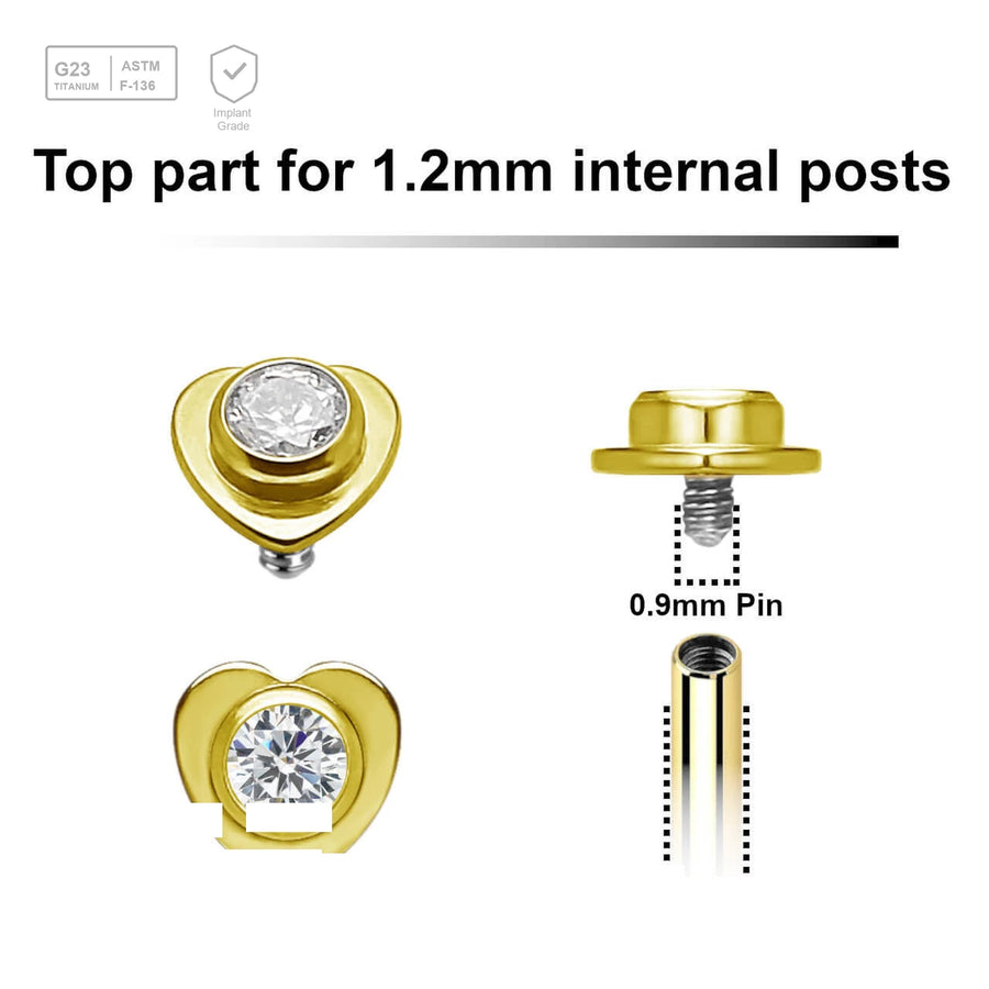 Pack of 5 gold PVD plated titanium Internally threaded labret tops in a flat heart shape with a single bezel set central crystal - G23 ASTM F-136 implant grade titanium body jewelry