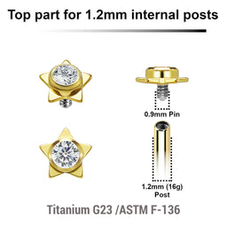 Pack of 5 gold PVD plated titanium Internally threaded labret tops in a flat star shape with a single bezel set central crystal