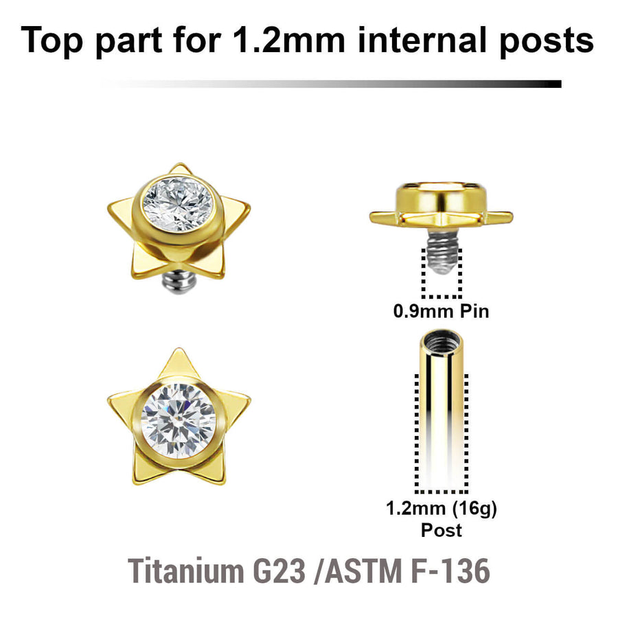 Pack of 5 gold PVD plated titanium Internally threaded labret tops in a flat star shape with a single bezel set central crystal