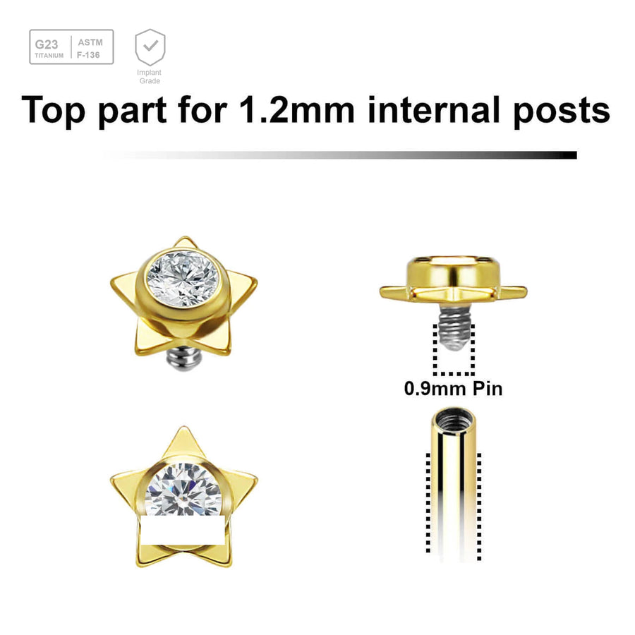 Pack of 5 gold PVD plated titanium Internally threaded labret tops in a flat star shape with a single bezel set central crystal - G23 ASTM F-136 implant grade titanium body jewelry