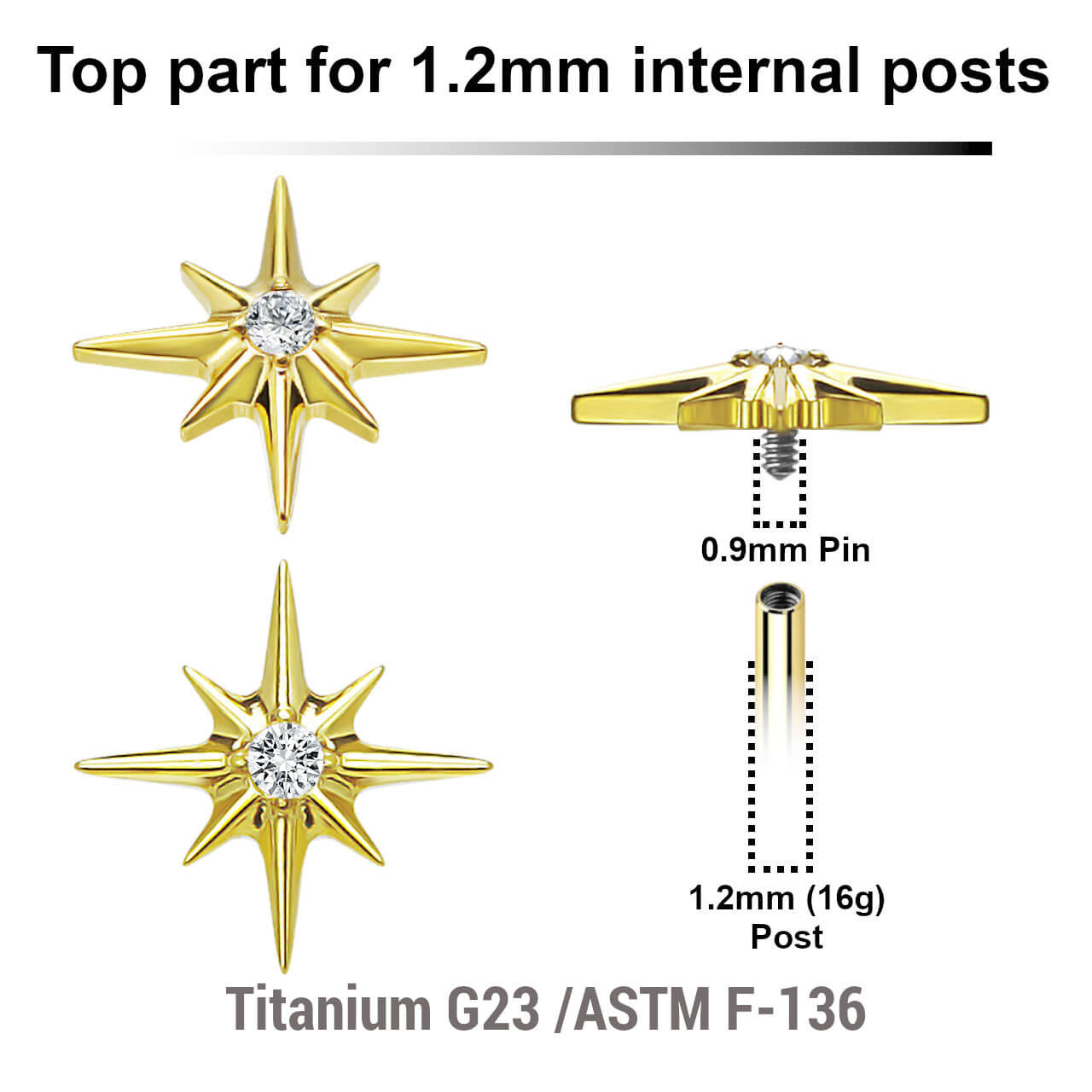 Pack of 5 gold PVD plated titanium Internally threaded labret tops with a starburst top with a single prong set CZ stone