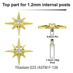 Pack of 5 gold PVD plated titanium Internally threaded labret tops with a starburst top with a single prong set CZ stone