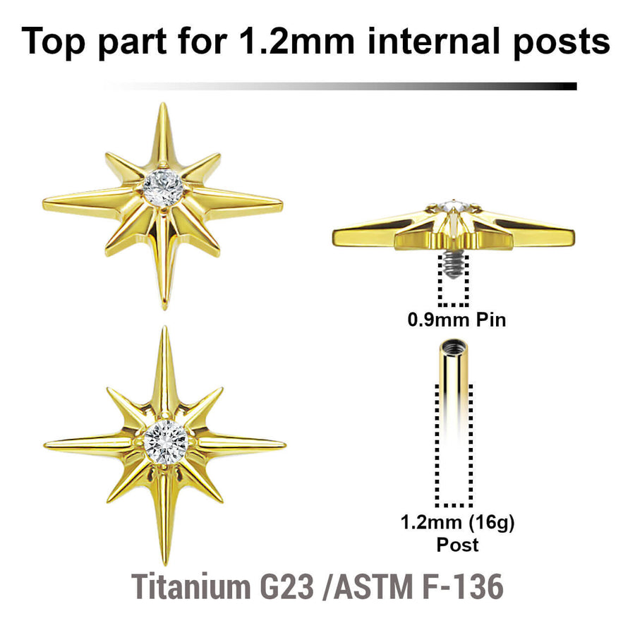 Pack of 5 gold PVD plated titanium Internally threaded labret tops with a starburst top with a single prong set CZ stone