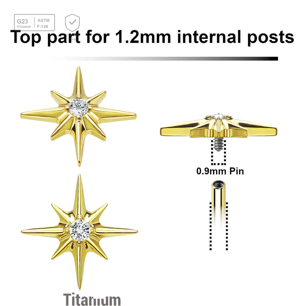 Pack of 5 gold PVD plated titanium Internally threaded labret tops with a starburst top with a single prong set CZ stone - G23 ASTM F-136 implant grade titanium body jewelry