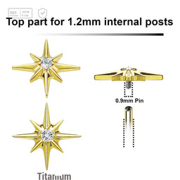 Pack of 5 gold PVD plated titanium Internally threaded labret tops with a starburst top with a single prong set CZ stone - G23 ASTM F-136 implant grade titanium body jewelry