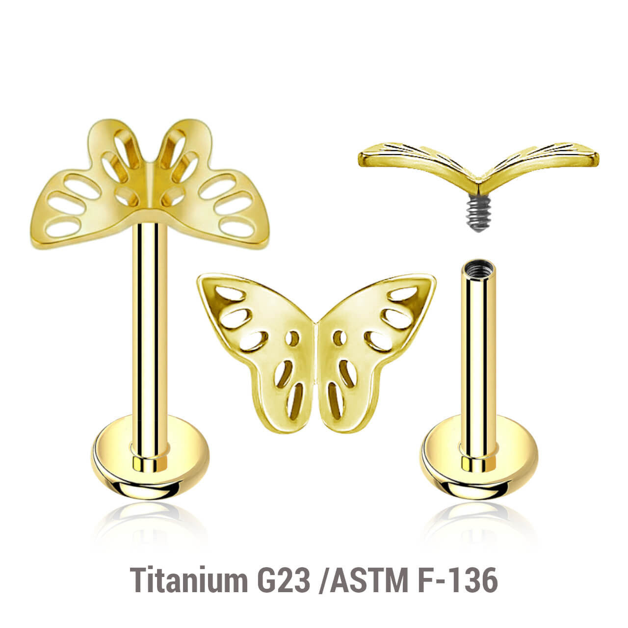 Pack of 5 gold PVD plated titanium internally threaded labrets, Thickness 1.2mm, with a filigree butterfly top