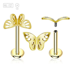 Pack of 5 gold PVD plated titanium internally threaded labrets, Thickness 1.2mm, with a filigree butterfly top - G23 ASTM F-136 implant grade titanium body jewelry