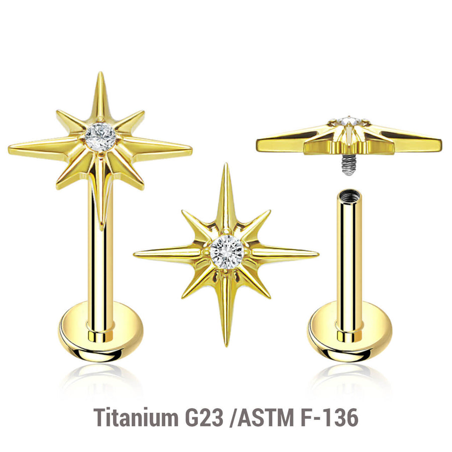 Pack of 5 gold PVD plated titanium internally threaded labrets, Thickness 1.2mm, with a starburst top with a single prong set CZ stone