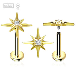 Pack of 5 gold PVD plated titanium internally threaded labrets, Thickness 1.2mm, with a starburst top with a single prong set CZ stone - G23 ASTM F-136 implant grade titanium body jewelry