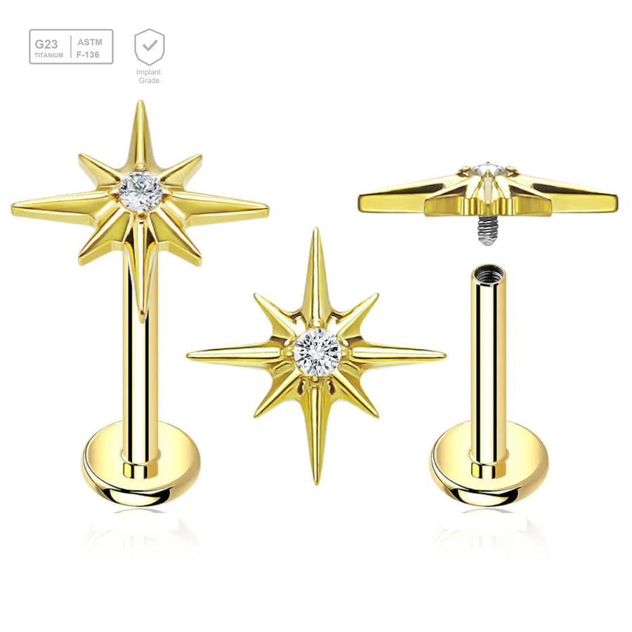 Pack of 5 gold PVD plated titanium internally threaded labrets, Thickness 1.2mm, with a starburst top with a single prong set CZ stone - G23 ASTM F-136 implant grade titanium body jewelry