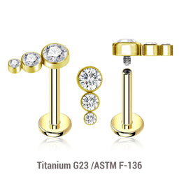 Pack of 5 gold PVD plated titanium internally threaded labrets, Thickness 1.2mm, with a top with 3 small round disk with bezel set crystals