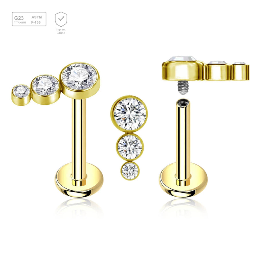 Pack of 5 gold PVD plated titanium internally threaded labrets, Thickness 1.2mm, with a top with 3 small round disk with bezel set crystals - G23 ASTM F-136 implant grade titanium body jewelry